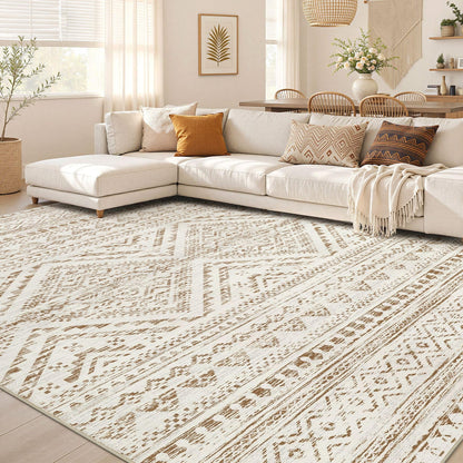 Nakagishi 10X14 Area Rugs for Living Room: Washable Modern Abstract Rug with Non-Slip Silicone Backing Low Pile Soft Carpet for Bedroom & Dining Decor Ideal for Families with Kids and Pets-Brown