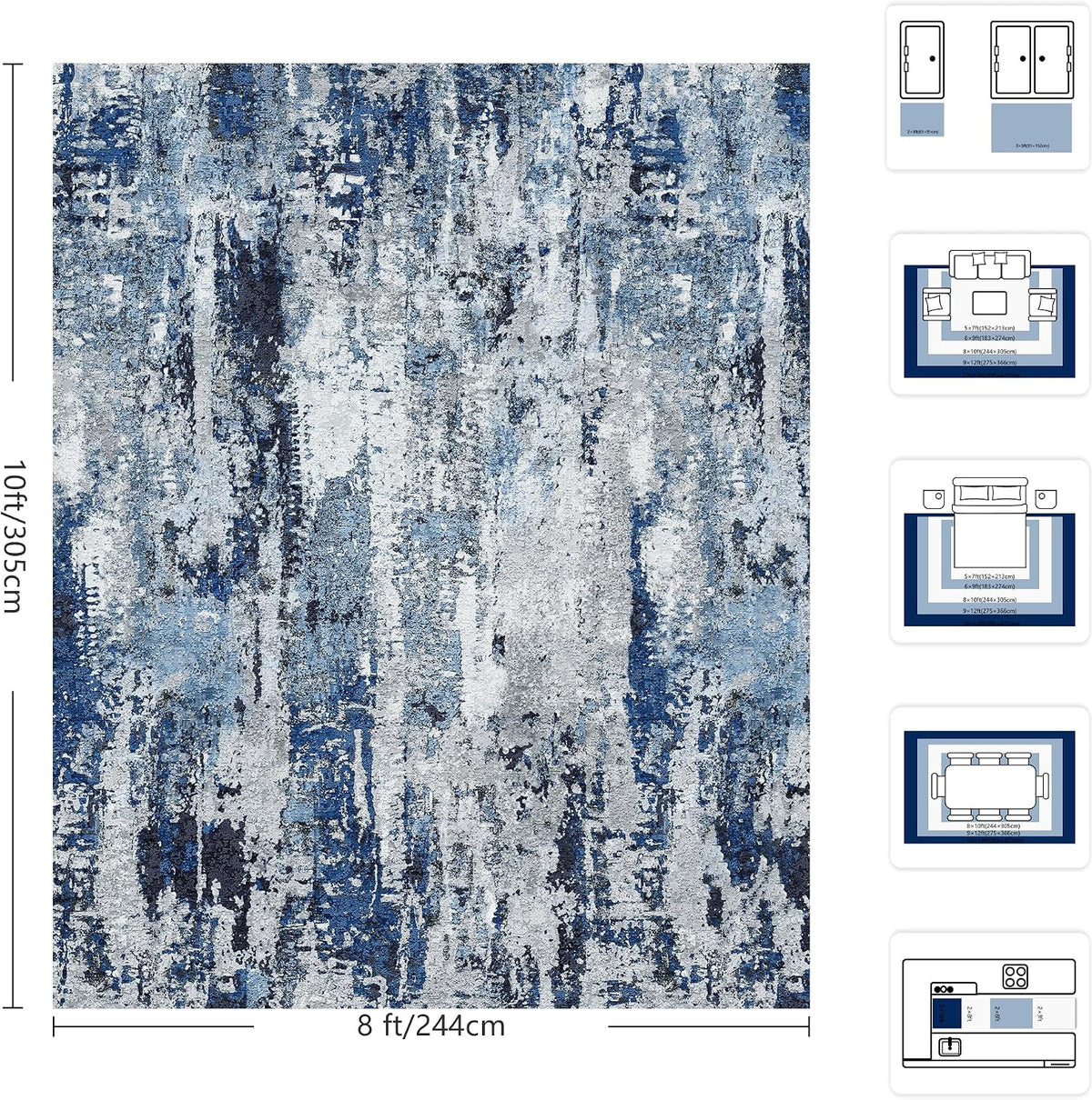 8x10 Area Rugs, Abstract Morden Soft Washable Rug, Non-Slip Low Pile Rugs for Living Room, Bedroom, Dining Room, Home, Office(Ocean Blue)