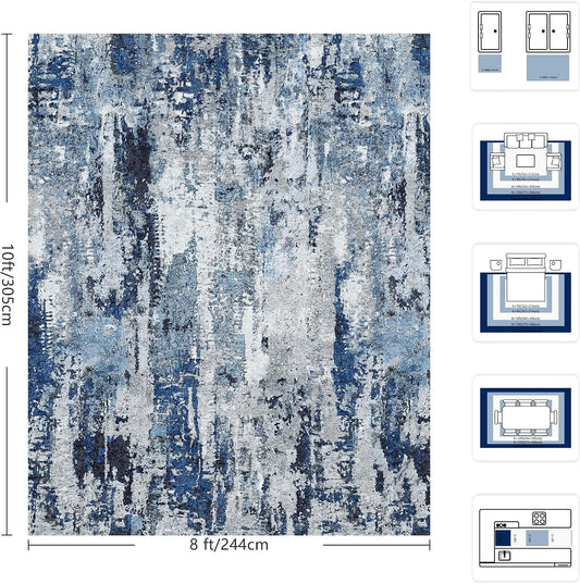 8x10 Area Rugs, Abstract Morden Soft Washable Rug, Non-Slip Low Pile Rugs for Living Room, Bedroom, Dining Room, Home, Office(Ocean Blue)