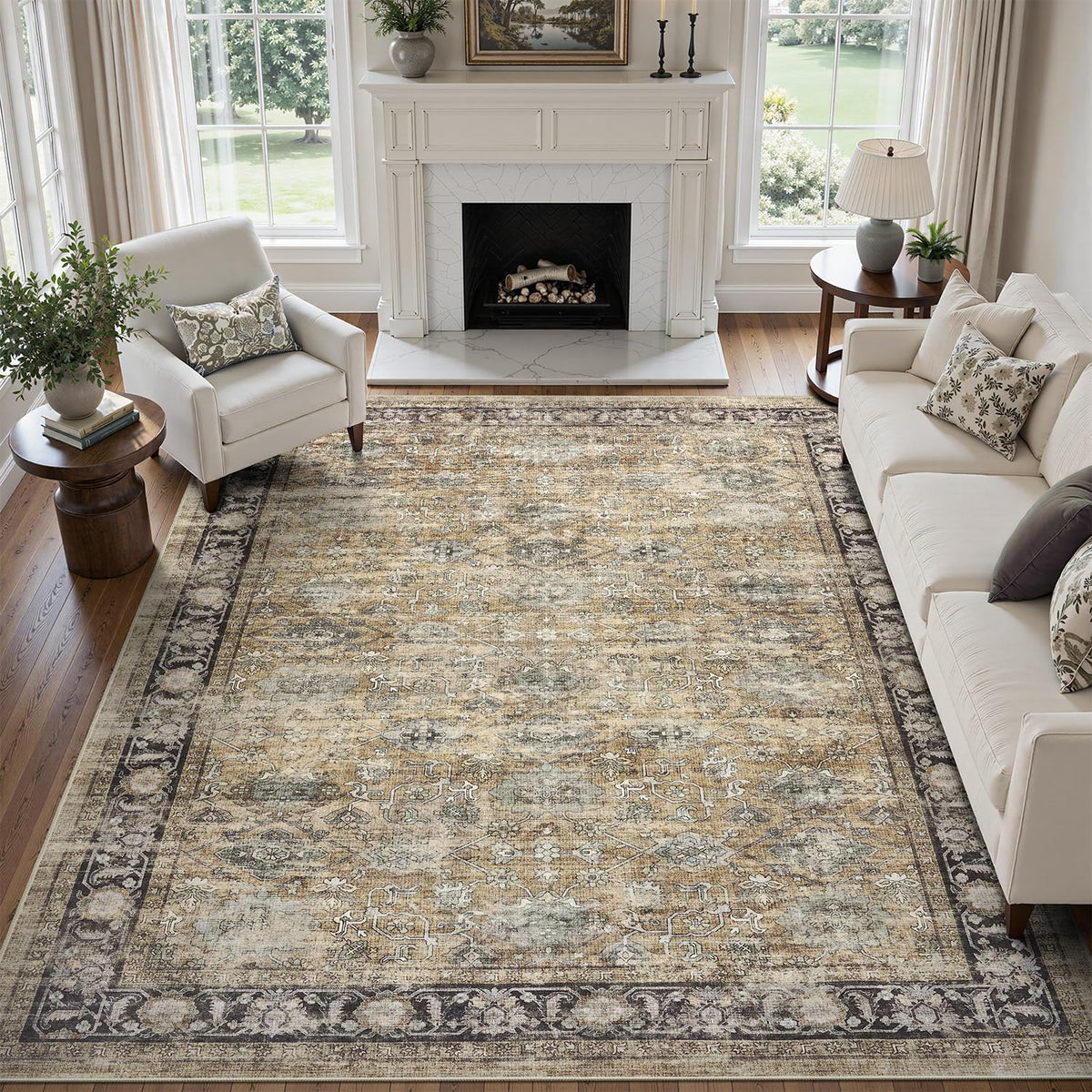 DCX 8x10 Area Rug Living Room: Washable Botanical Carpet Blue and Green