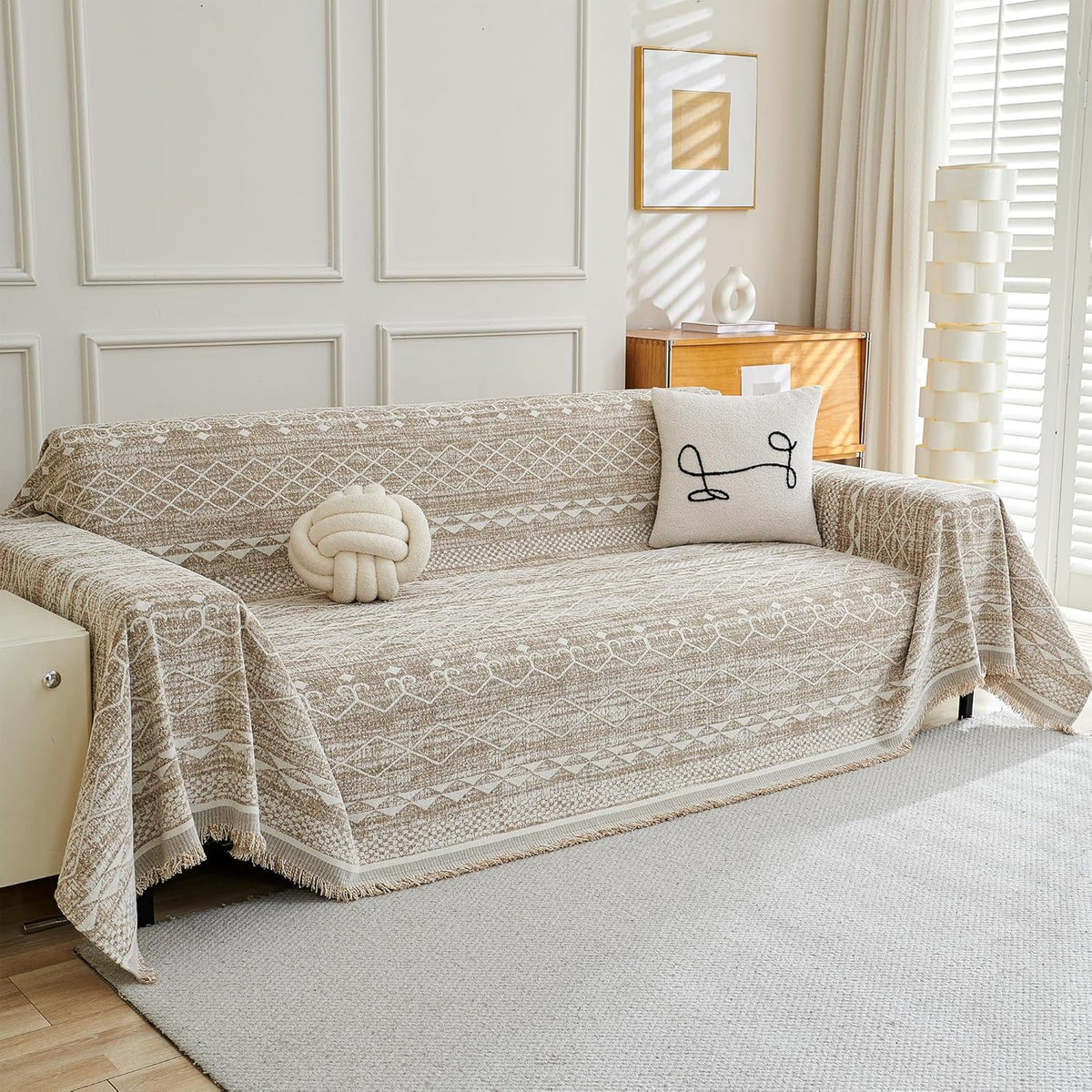 MEETSKY Couch Cover Sofa Covers Couch Covers for 3 Cushion Couch Sofa Pet Friendly, L Shaped Sectional Sofa Covers Washable Simply Put Sofa Throw Cover for Dogs, 91" x 134", Beige