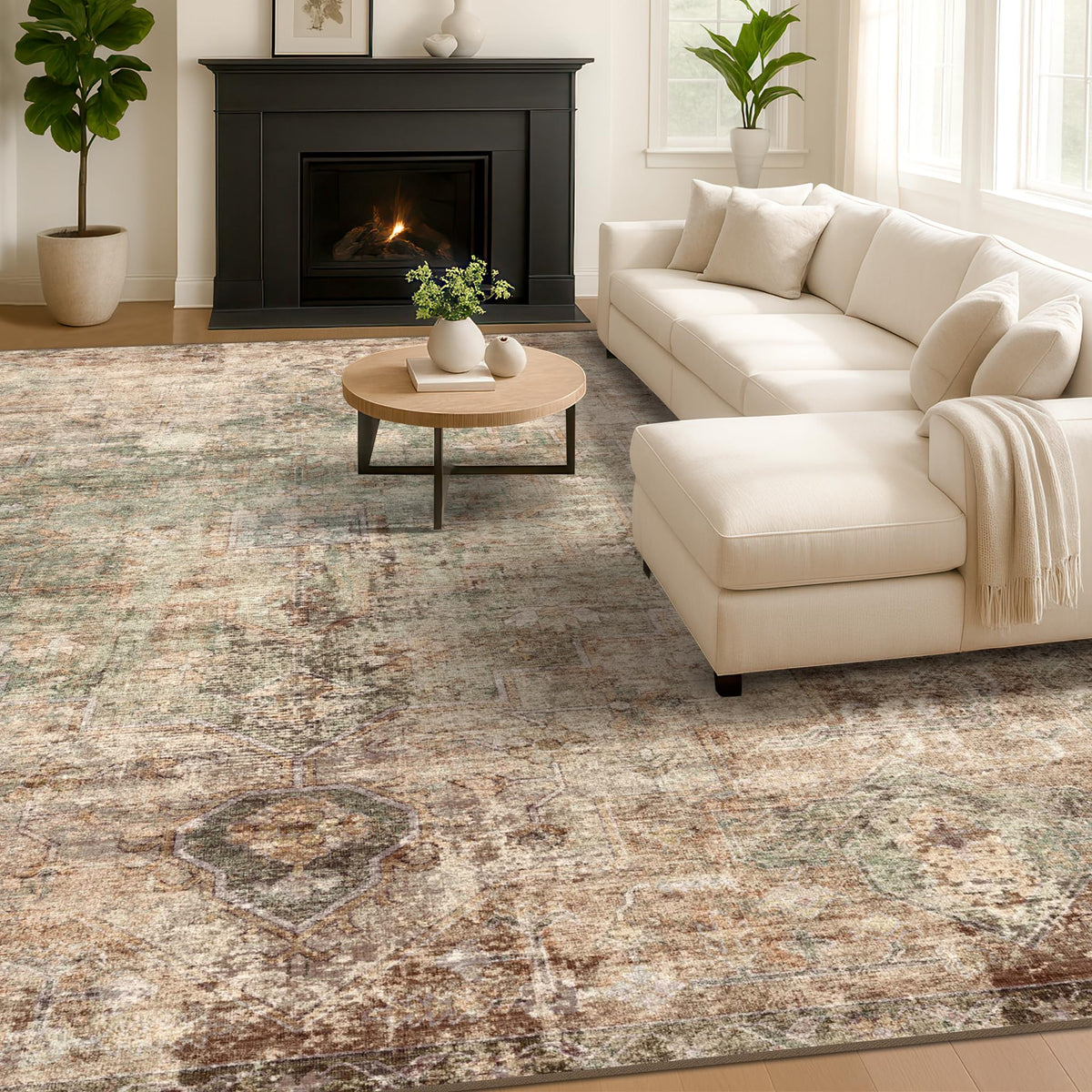 Farmhouse 8x10 Washable Area Rugs for Living Room, Neutral Taupe Brown Abstract Rug for Dining Room and Bedroom, Soft Foldable Low Pile Carpet, Stain Resistant Non-Slip Backing, Distressed Design
