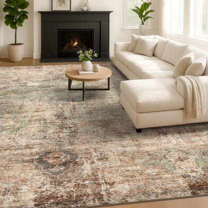 Farmhouse 8x10 Washable Area Rugs for Living Room, Neutral Taupe Brown Abstract Rug for Dining Room and Bedroom, Soft Foldable Low Pile Carpet, Stain Resistant Non-Slip Backing, Distressed Design