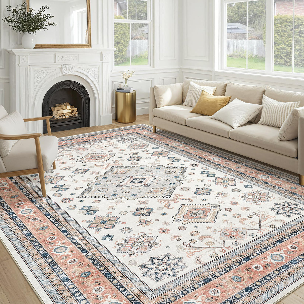 cotiled 9x12 Area Rug for Living Room, Washable, Traditional, Beige