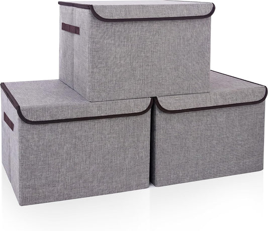 Bagnizer Large 17" 42 Quarts Collapsible Stackable Storage Bins with Lids [3-Pack] Foldable Fabric Linen Storage Boxes Cube, Closet Organizer Baskets with Label for Home (16.7 x 12 x 12, Gray)