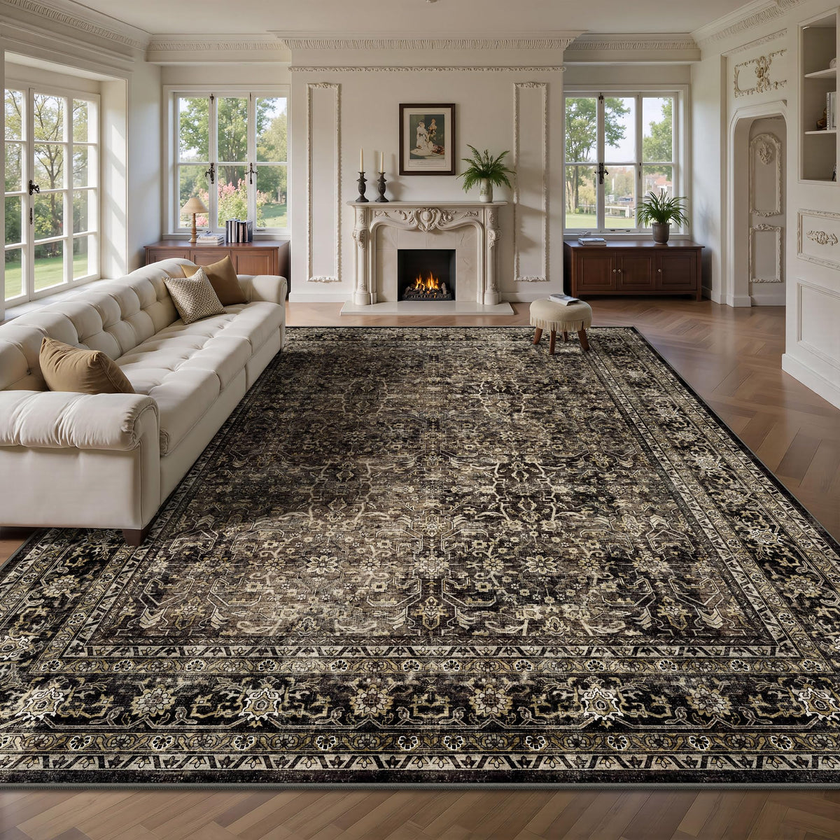 8x10 Area Rugs for Living Room - Washable Vintage Retro Large Rug, Soft Ultra Thin Non Slip Low Pile Traditional Distressed Boho Carpet for Bedroom Dining Room Home Office, Charcoal Olive