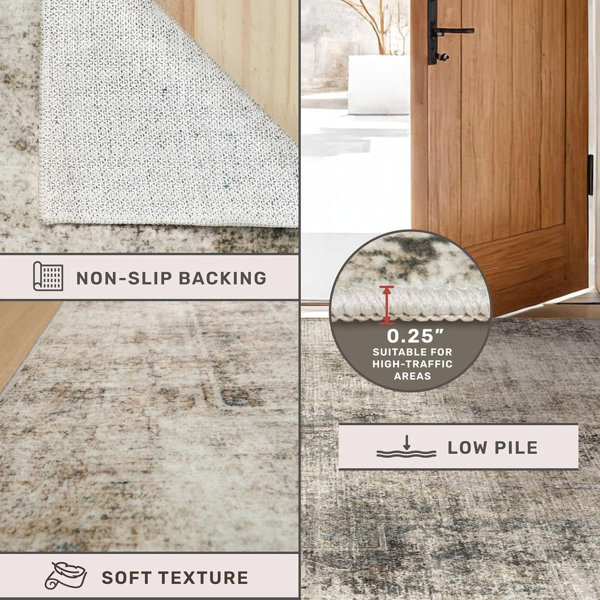 Farmhouse 8x10 Washable Area Rugs for Living Room, Neutral Taupe Brown Abstract Rug for Dining Room and Bedroom, Soft Foldable Low Pile Carpet, Stain Resistant Non-Slip Backing, Distressed Design
