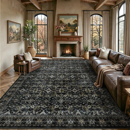 8x10 Area Rugs for Living Room - Washable Vintage Retro Large Rug, Soft Ultra Thin Non Slip Low Pile Traditional Distressed Boho Carpet for Bedroom Dining Room Home Office, Charcoal Olive