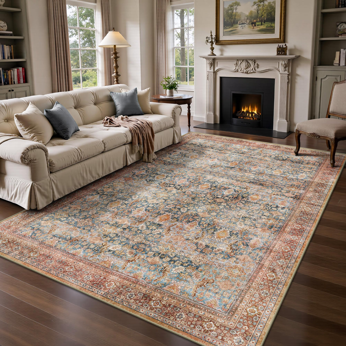 8x10 Area Rugs for Living Room - Washable Vintage Retro Large Rug, Soft Ultra Thin Non Slip Low Pile Traditional Distressed Boho Carpet for Bedroom Dining Room Home Office, Charcoal Olive