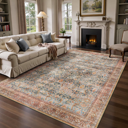 8x10 Area Rugs for Living Room - Washable Vintage Retro Large Rug, Soft Ultra Thin Non Slip Low Pile Traditional Distressed Boho Carpet for Bedroom Dining Room Home Office, Charcoal Olive
