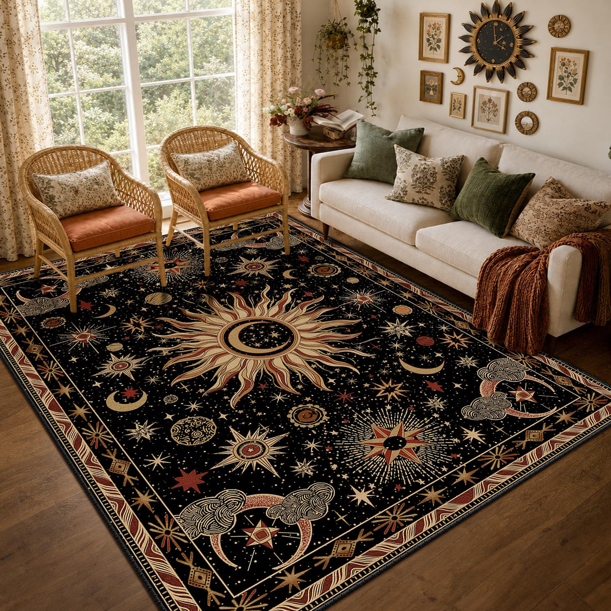 Vacuum-Friendly, 8x10 Washable Area Rug, Black Gold Beige Red