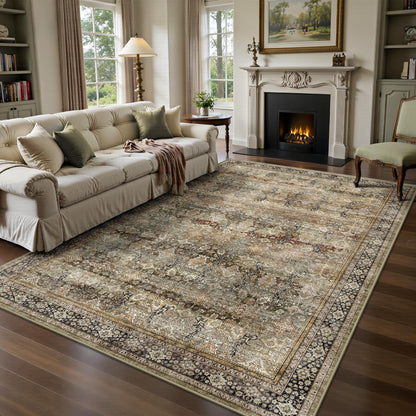 8x10 Area Rugs for Living Room - Washable Vintage Retro Large Rug, Soft Ultra Thin Non Slip Low Pile Traditional Distressed Boho Carpet for Bedroom Dining Room Home Office, Charcoal Olive