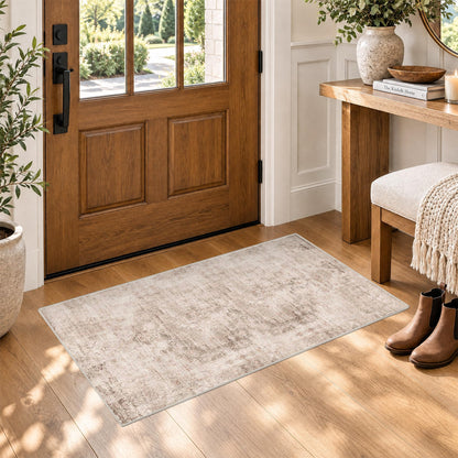 Farmhouse 8x10 Washable Area Rugs for Living Room, Neutral Taupe Brown Abstract Rug for Dining Room and Bedroom, Soft Foldable Low Pile Carpet, Stain Resistant Non-Slip Backing, Distressed Design