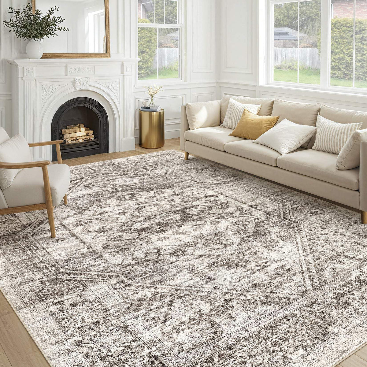 cotiled 9x12 Area Rug for Living Room, Washable, Traditional, Beige