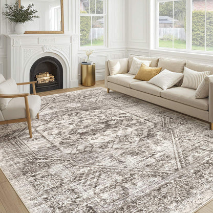 cotiled 9x12 Area Rug for Living Room, Washable, Traditional, Beige