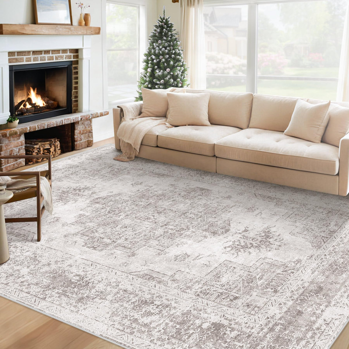 XLUEZ Area Rug 8x10 Living Room Rug, Machine Washable Vintage Distressed Medallion Rug Non-Slip Soft Low Pile Large Indoor Rugs for Bedroom Dining Room Office Children's Room (Beige,8'x10')