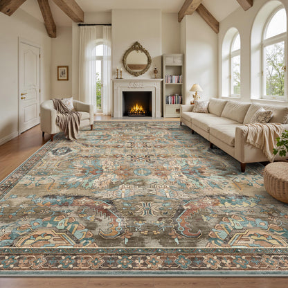 8x10 Area Rugs for Living Room - Washable Vintage Retro Large Rug, Soft Ultra Thin Non Slip Low Pile Traditional Distressed Boho Carpet for Bedroom Dining Room Home Office, Charcoal Olive