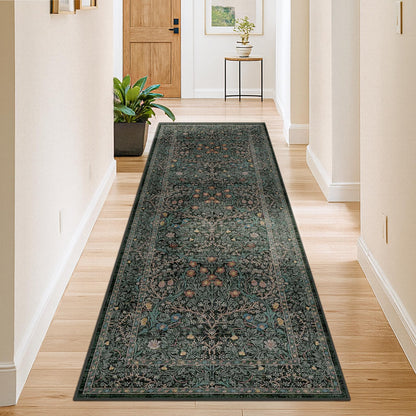Floral Dark Green Washable Area Rugs 8x10, Vintage Living Room Rug