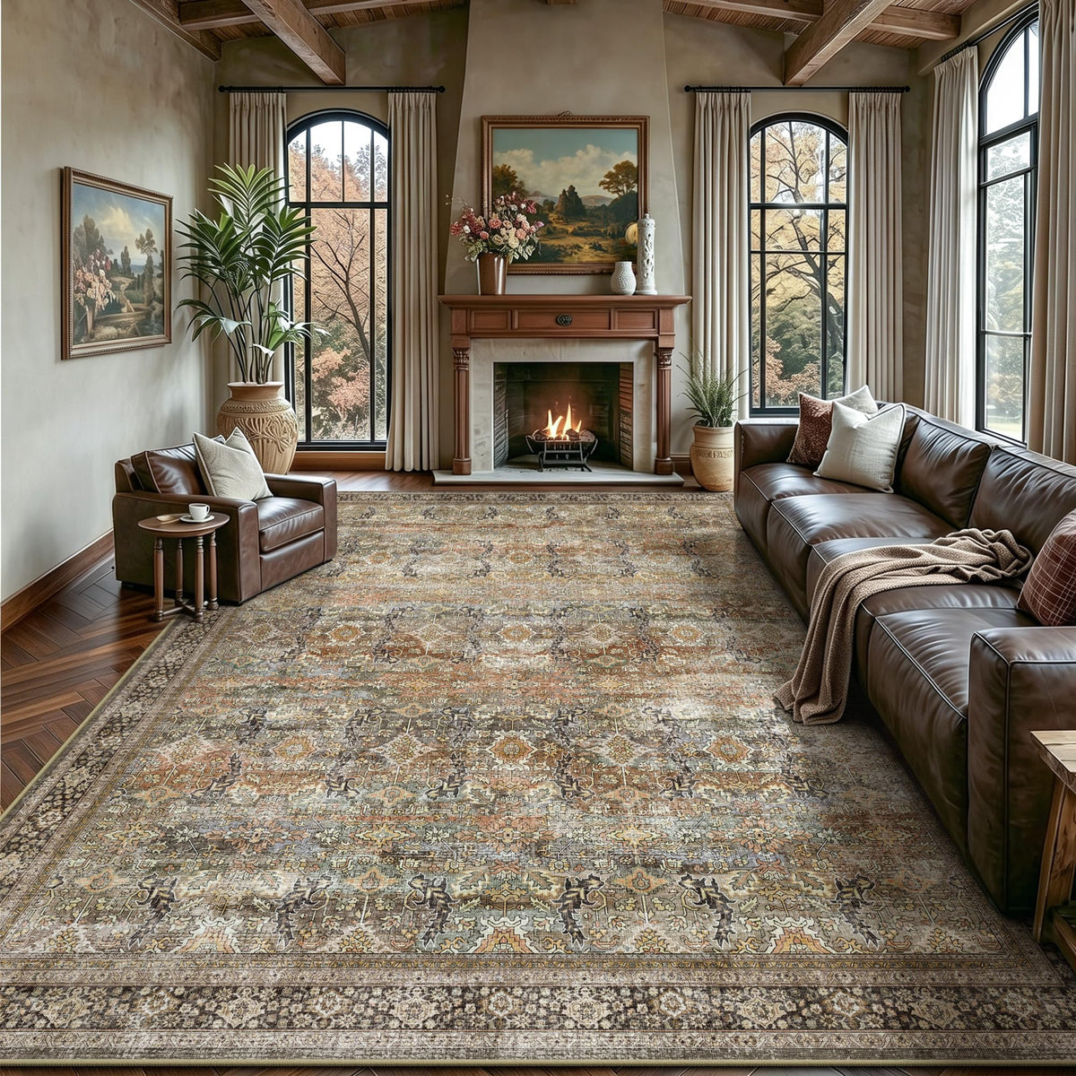 8x10 Area Rugs for Living Room - Washable Vintage Retro Large Rug, Soft Ultra Thin Non Slip Low Pile Traditional Distressed Boho Carpet for Bedroom Dining Room Home Office, Charcoal Olive