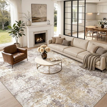 Nakagishi 10X14 Area Rugs for Living Room: Washable Modern Abstract Rug with Non-Slip Silicone Backing Low Pile Soft Carpet for Bedroom & Dining Decor Ideal for Families with Kids and Pets-Brown