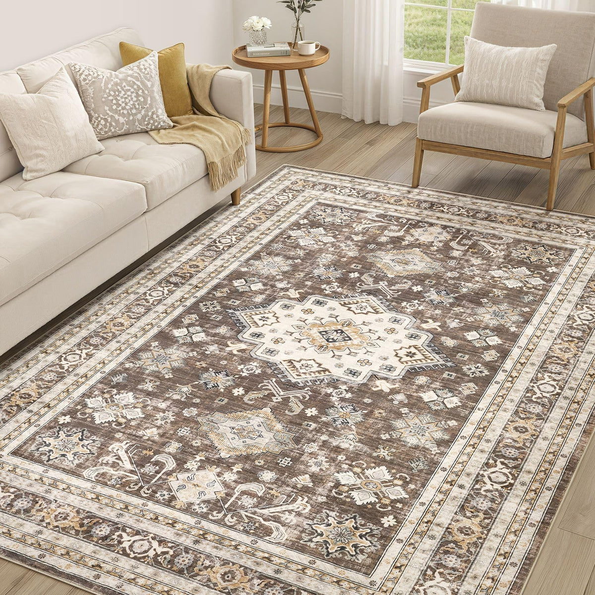 cotiled 9x12 Area Rug for Living Room, Washable, Traditional, Beige