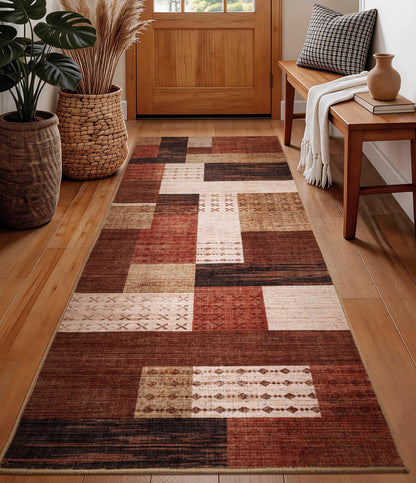 YIHOUSE Brown Modern 5x7 Area Rugs for Living Room, Washable Geometric Patchwork Rug for Bedroom Playroom Non Slip Low Pile, Southwestern Rustic Throw Carpet for Entryway Home Office