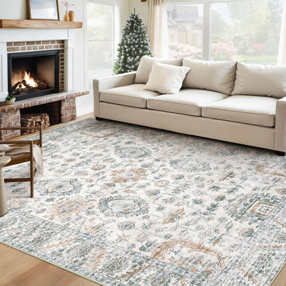 XLUEZ Area Rug 8x10 Living Room Rug, Machine Washable Vintage Distressed Medallion Rug Non-Slip Soft Low Pile Large Indoor Rugs for Bedroom Dining Room Office Children's Room (Beige,8'x10')