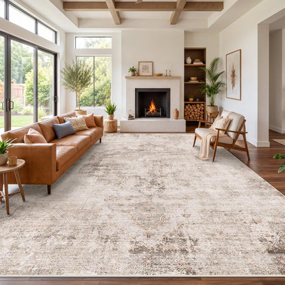 Farmhouse 8x10 Washable Area Rugs for Living Room, Neutral Taupe Brown Abstract Rug for Dining Room and Bedroom, Soft Foldable Low Pile Carpet, Stain Resistant Non-Slip Backing, Distressed Design