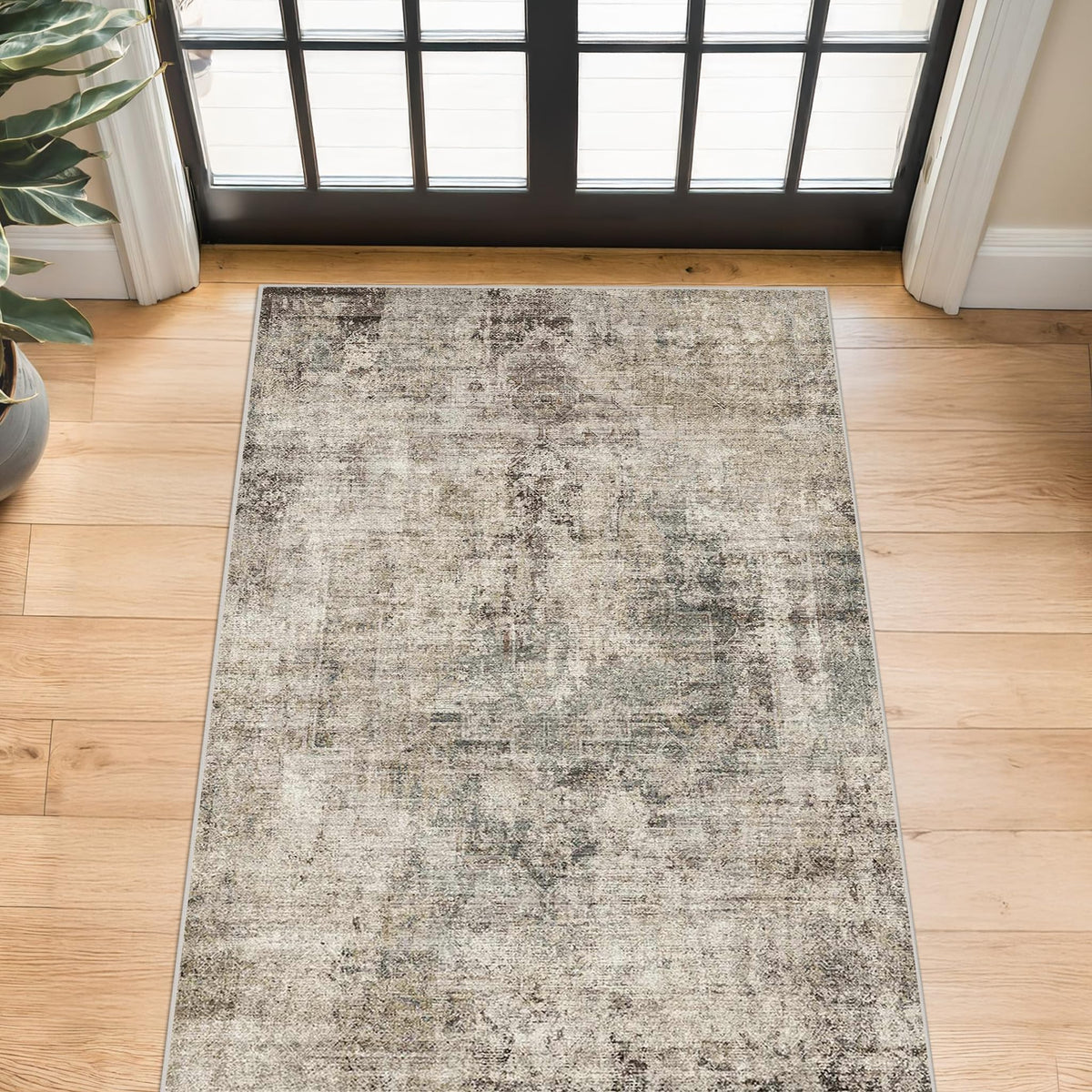 Farmhouse 8x10 Washable Area Rugs for Living Room, Neutral Taupe Brown Abstract Rug for Dining Room and Bedroom, Soft Foldable Low Pile Carpet, Stain Resistant Non-Slip Backing, Distressed Design