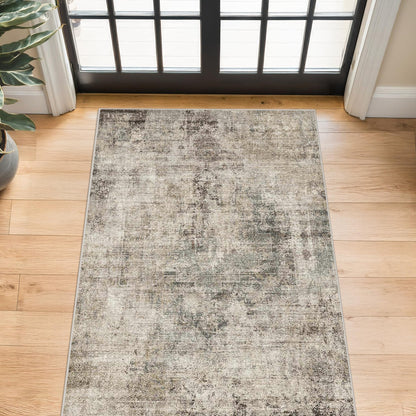 Farmhouse 8x10 Washable Area Rugs for Living Room, Neutral Taupe Brown Abstract Rug for Dining Room and Bedroom, Soft Foldable Low Pile Carpet, Stain Resistant Non-Slip Backing, Distressed Design