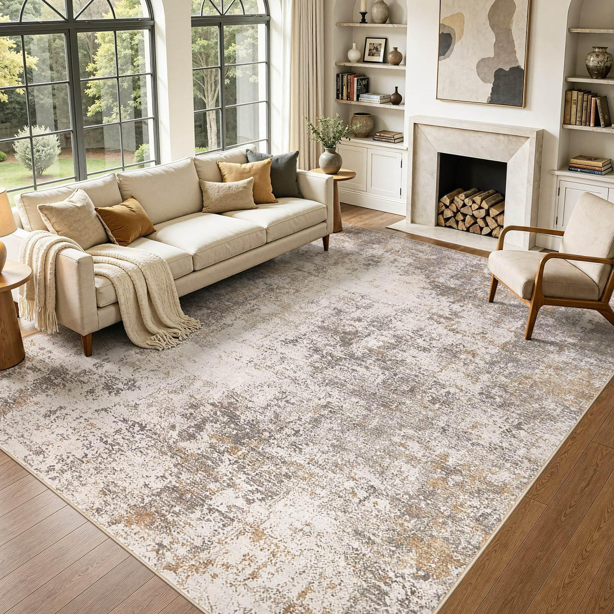8x10 Area Rugs Living Room Abstract Washable Rug, Gold Brown