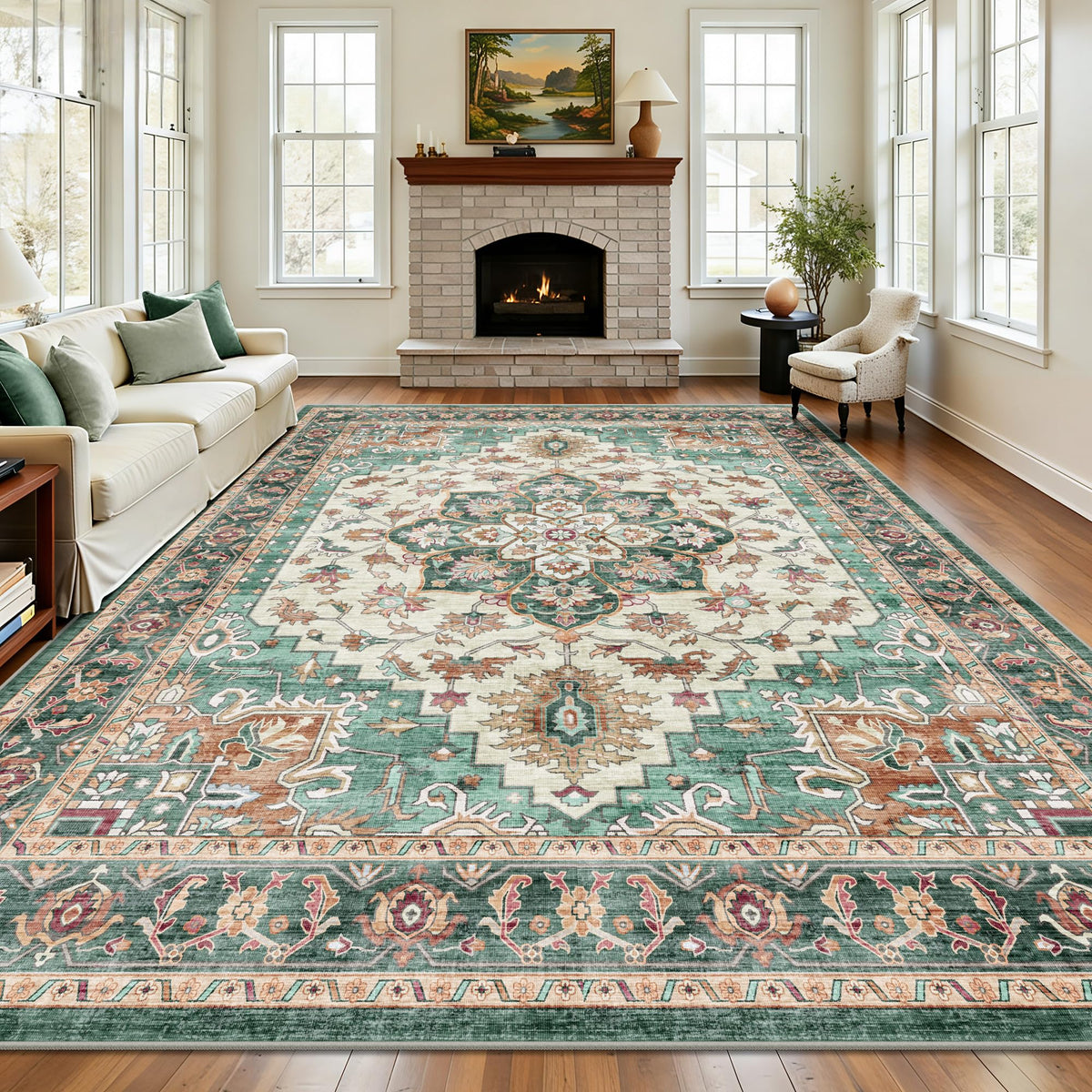 8x10 Area Rugs for Living Room - Washable Vintage Retro Large Rug, Soft Ultra Thin Non Slip Low Pile Traditional Distressed Boho Carpet for Bedroom Dining Room Home Office, Charcoal Olive