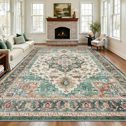 8x10 Area Rugs for Living Room - Washable Vintage Retro Large Rug, Soft Ultra Thin Non Slip Low Pile Traditional Distressed Boho Carpet for Bedroom Dining Room Home Office, Charcoal Olive