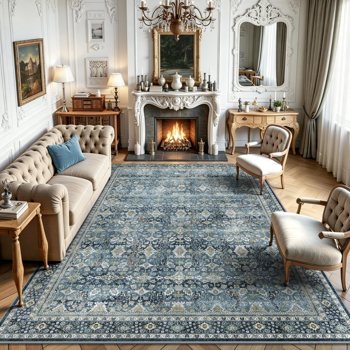 8x10 Area Rugs for Living Room - Washable Vintage Retro Large Rug, Soft Ultra Thin Non Slip Low Pile Traditional Distressed Boho Carpet for Bedroom Dining Room Home Office, Charcoal Olive