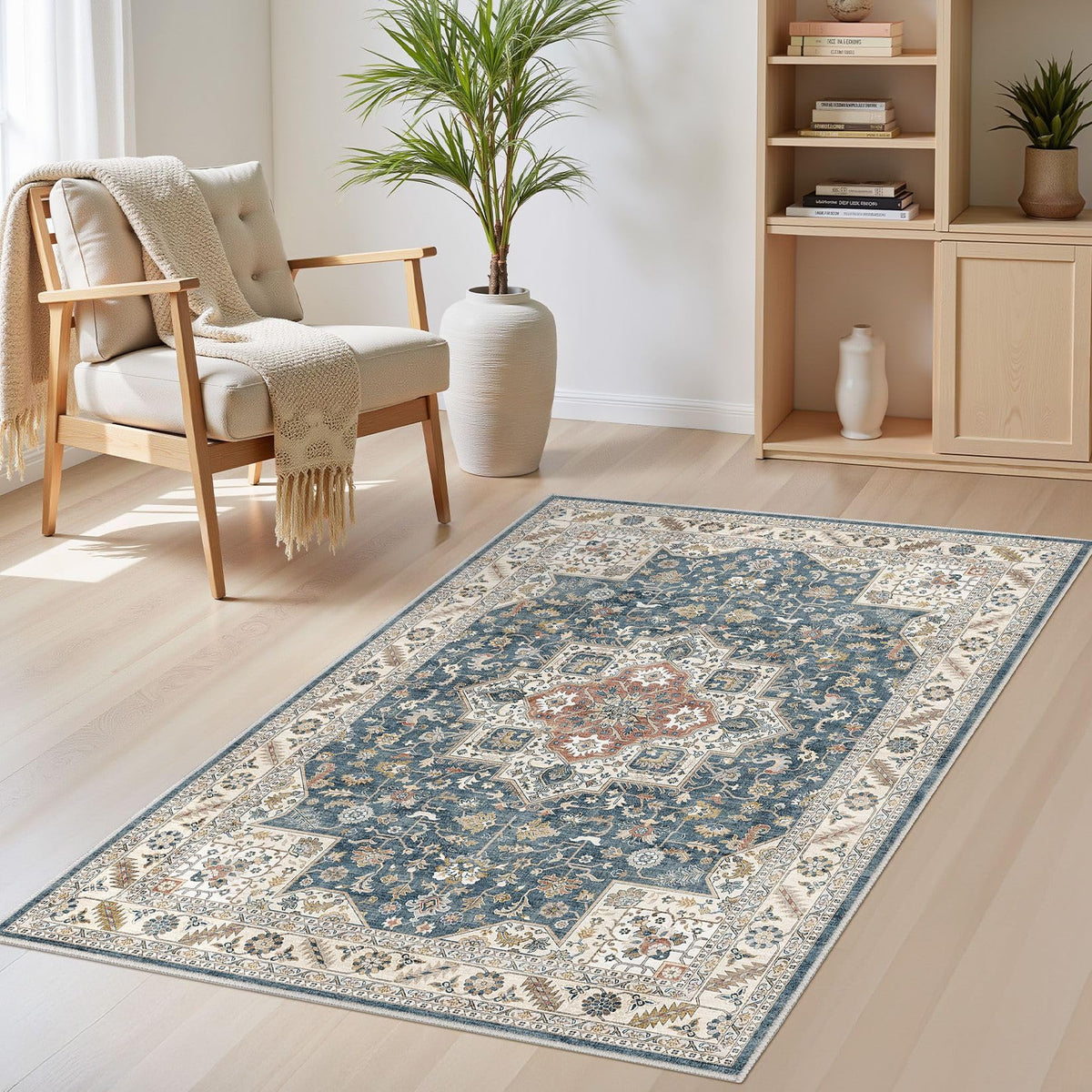 cotiled 9x12 Area Rug for Living Room, Washable, Traditional, Beige