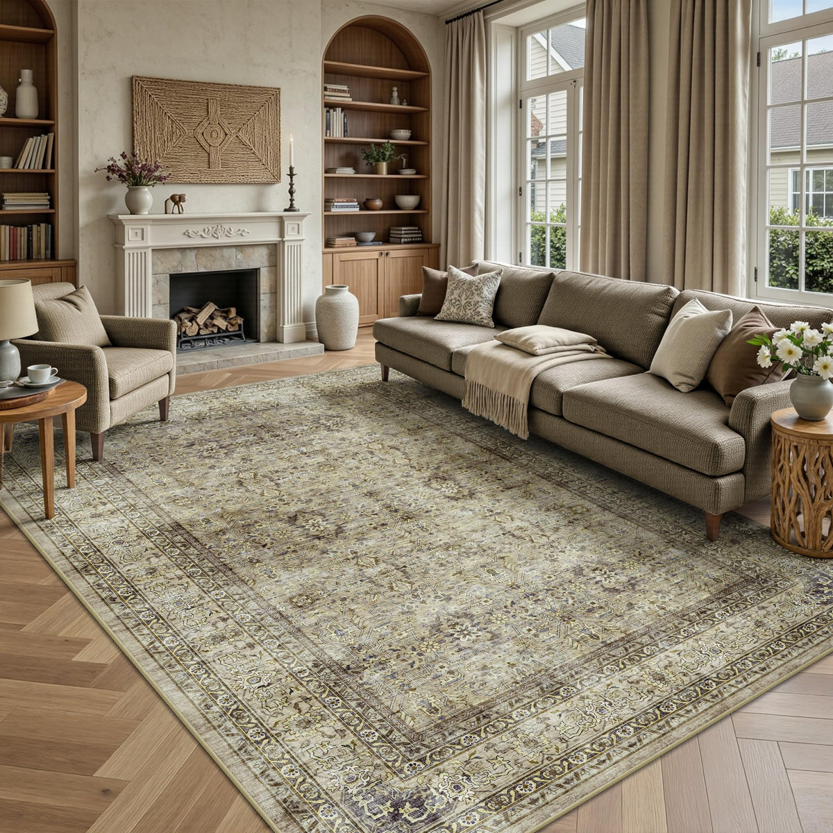 8x10 Area Rugs for Living Room - Washable Vintage Retro Large Rug, Soft Ultra Thin Non Slip Low Pile Traditional Distressed Boho Carpet for Bedroom Dining Room Home Office, Charcoal Olive
