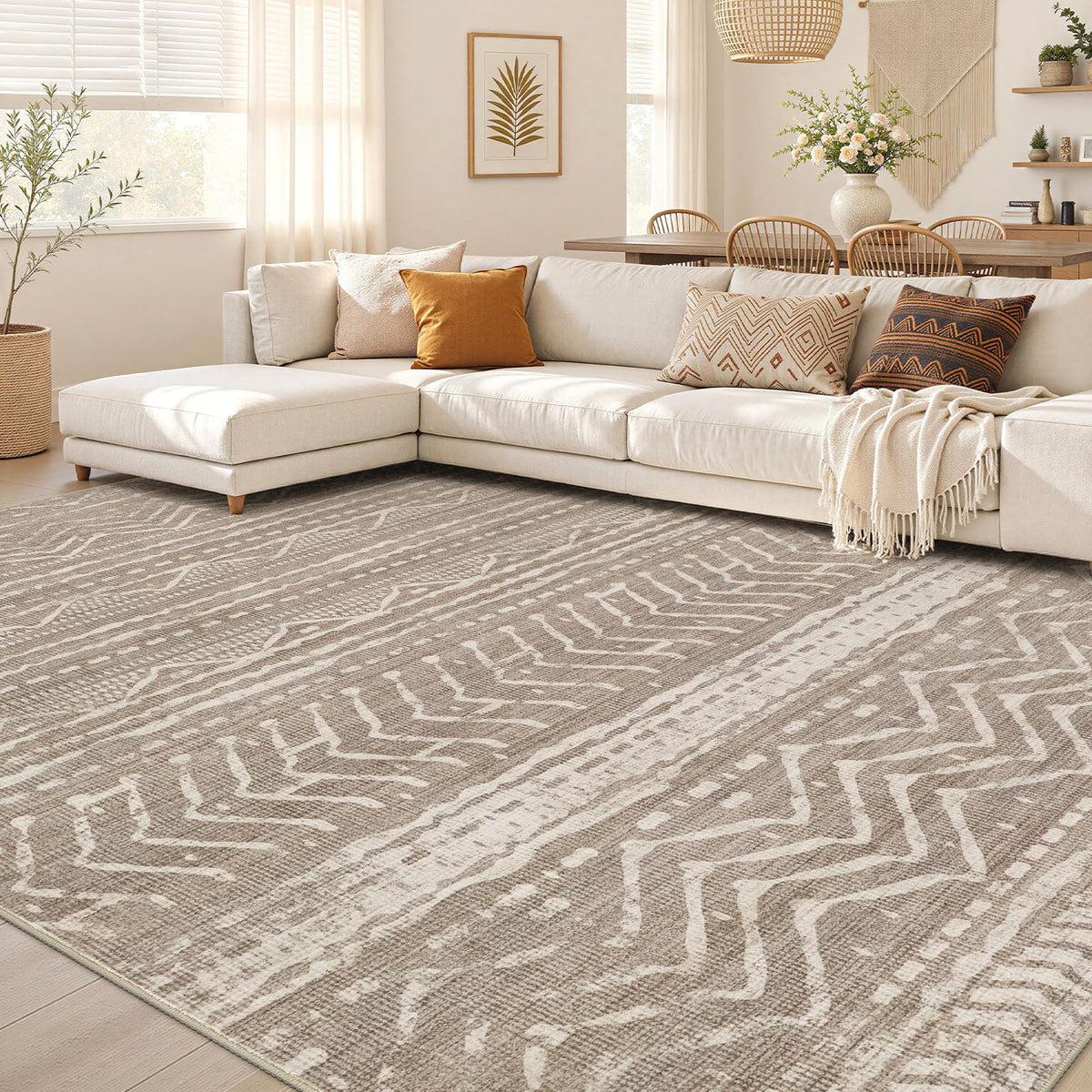 Nakagishi 10X14 Area Rugs for Living Room: Washable Modern Abstract Rug with Non-Slip Silicone Backing Low Pile Soft Carpet for Bedroom & Dining Decor Ideal for Families with Kids and Pets-Brown