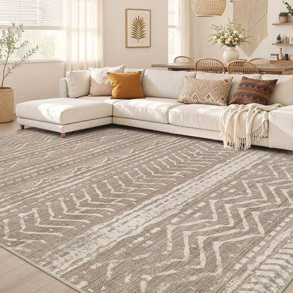 Nakagishi 10X14 Area Rugs for Living Room: Washable Modern Abstract Rug with Non-Slip Silicone Backing Low Pile Soft Carpet for Bedroom & Dining Decor Ideal for Families with Kids and Pets-Brown