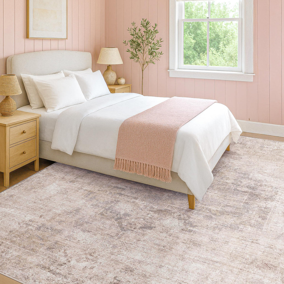 Farmhouse 8x10 Washable Area Rugs for Living Room, Neutral Taupe Brown Abstract Rug for Dining Room and Bedroom, Soft Foldable Low Pile Carpet, Stain Resistant Non-Slip Backing, Distressed Design