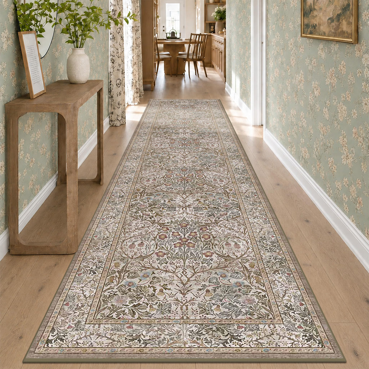 Floral Dark Green Washable Area Rugs 8x10, Vintage Living Room Rug