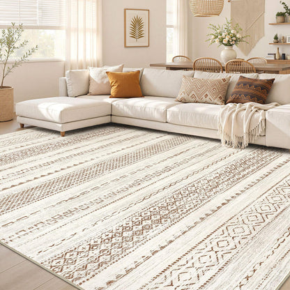 Nakagishi 10X14 Area Rugs for Living Room: Washable Modern Abstract Rug with Non-Slip Silicone Backing Low Pile Soft Carpet for Bedroom & Dining Decor Ideal for Families with Kids and Pets-Brown