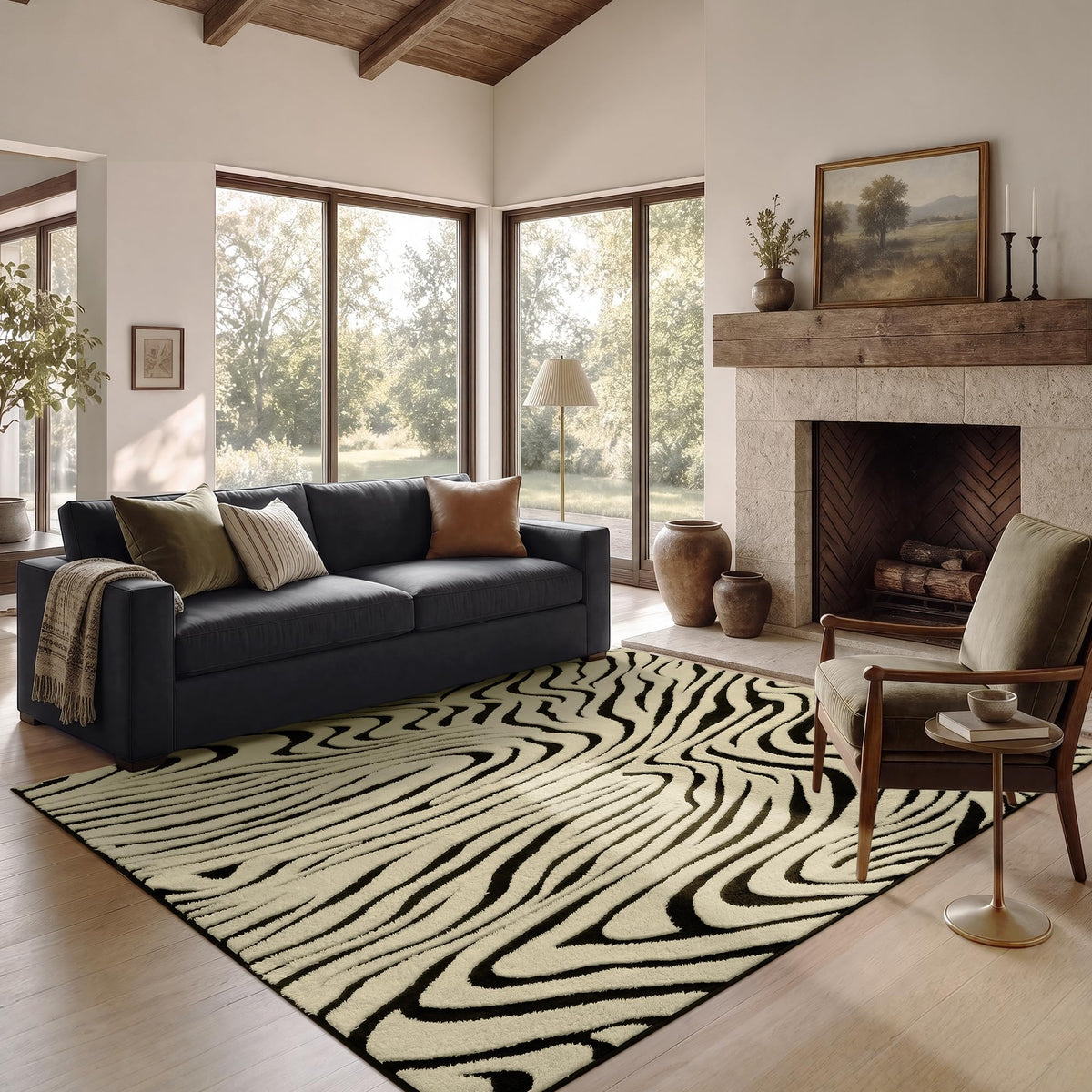 YIHOUSE 5×7 Ft Area Rugs for Living Room: Modern Washable Rug - Abstract Black and Cream White Rug for Bedroom Dining Room Office Playroom Nursery Home Decor - Nonslip Non-Shedding Striped Rugs