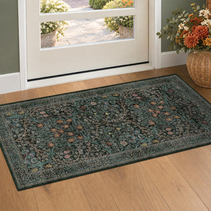 Floral Dark Green Washable Area Rugs 8x10, Vintage Living Room Rug