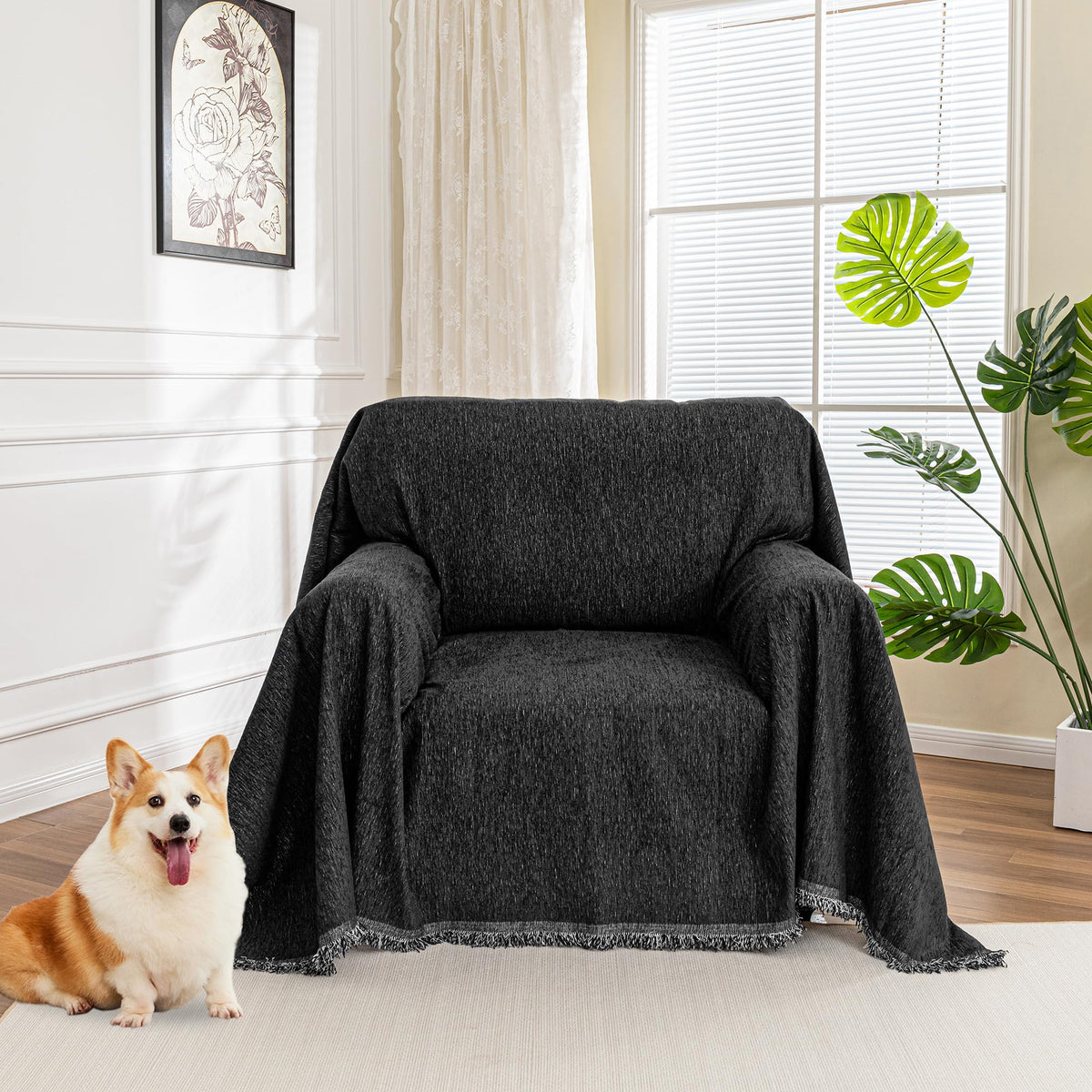 MYSKY HOME Sofa Covers for 2 Cushion Couch L Shaped Couch Cover Washable Couch Cover with Tassels Boho Couch Covers Non Slip Super Universal Soft Sofa Slipcover for Kids, Dogs, Pets, 71"x118", White