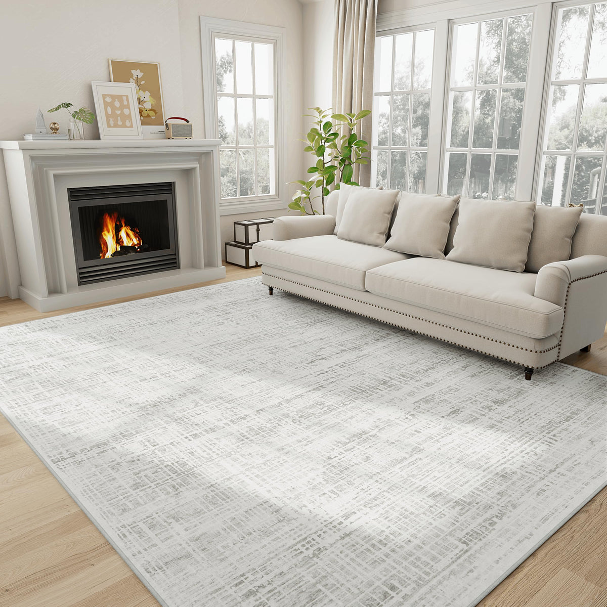 8x10 Washable Area Rug for Living Room Bedroom: Non-Slip Modern White Gray