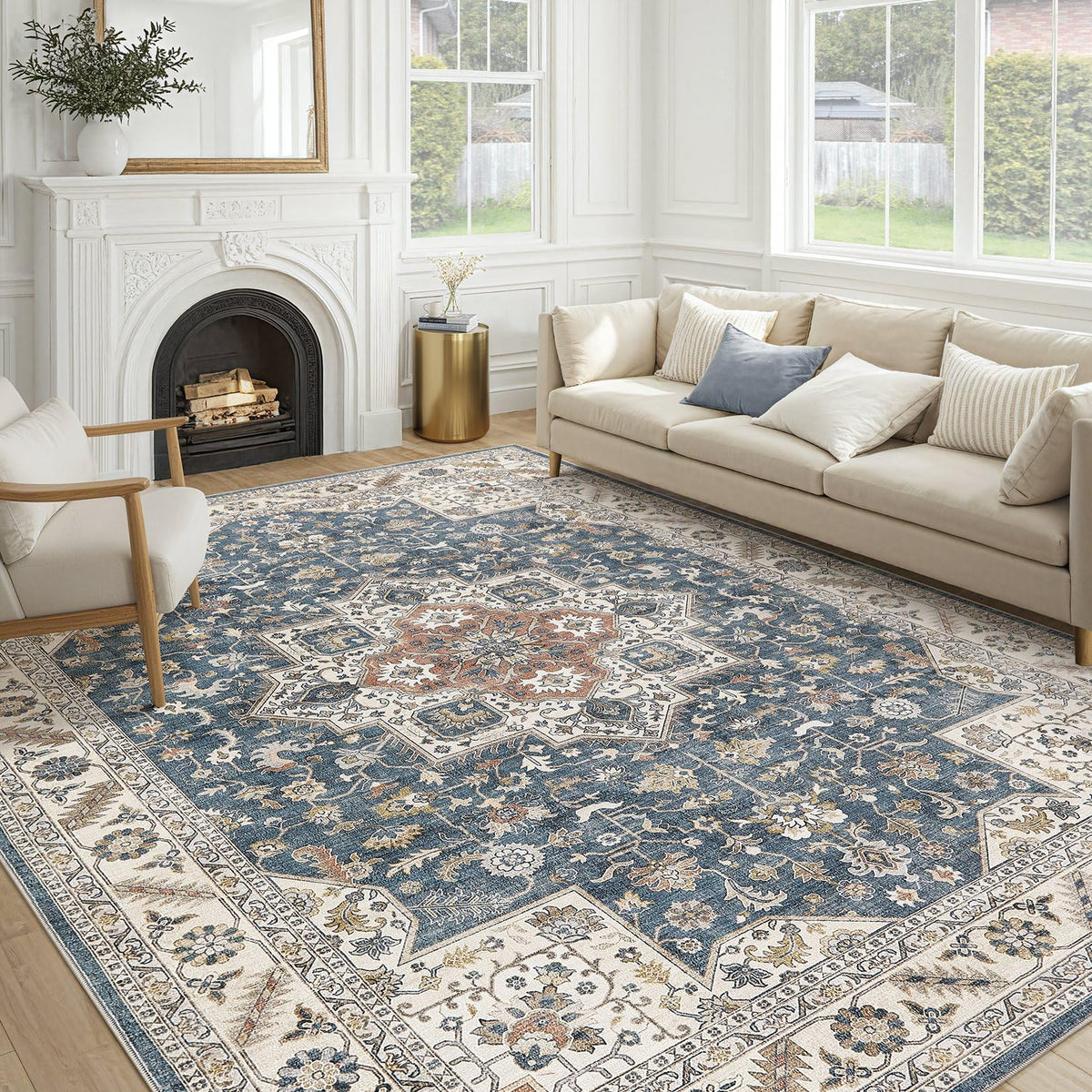 cotiled 9x12 Area Rug for Living Room, Washable, Traditional, Beige