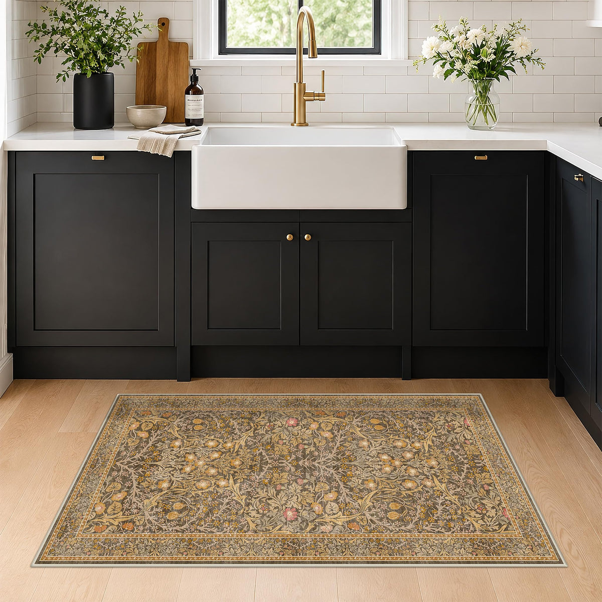 Floral Dark Green Washable Area Rugs 8x10, Vintage Living Room Rug