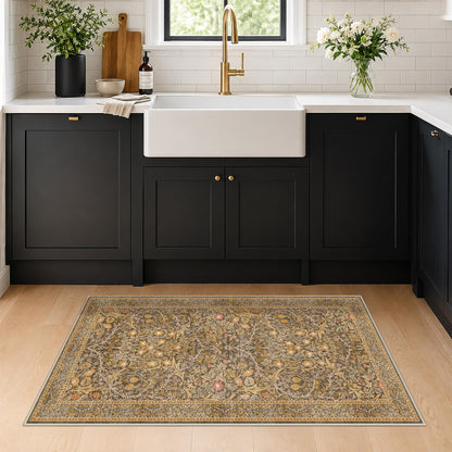 Floral Dark Green Washable Area Rugs 8x10, Vintage Living Room Rug