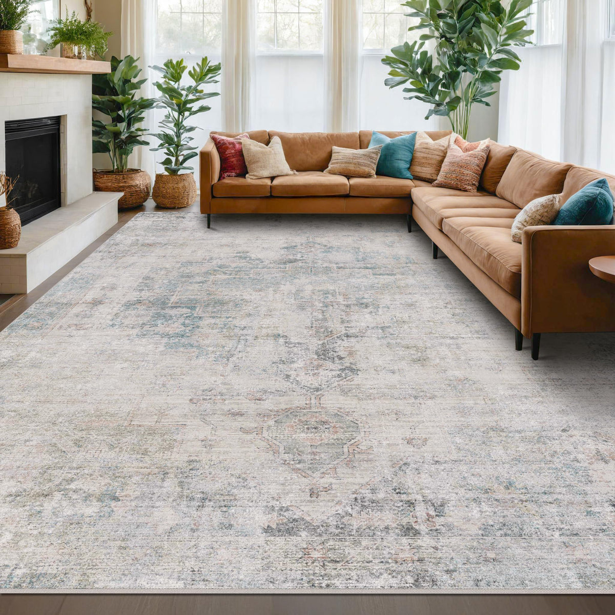 Farmhouse 8x10 Washable Area Rugs for Living Room, Neutral Taupe Brown Abstract Rug for Dining Room and Bedroom, Soft Foldable Low Pile Carpet, Stain Resistant Non-Slip Backing, Distressed Design