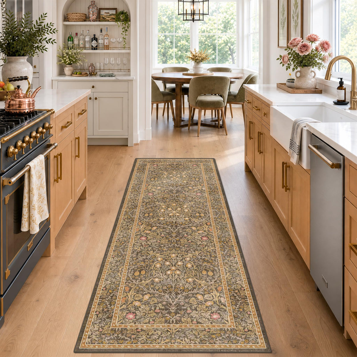 Floral Dark Green Washable Area Rugs 8x10, Vintage Living Room Rug